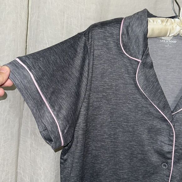 Life is Good L-XL Gray Pink Trim Notch Collar 2 pc Short Sleeve Top Pants PJ Set - Picture 11 of 16
